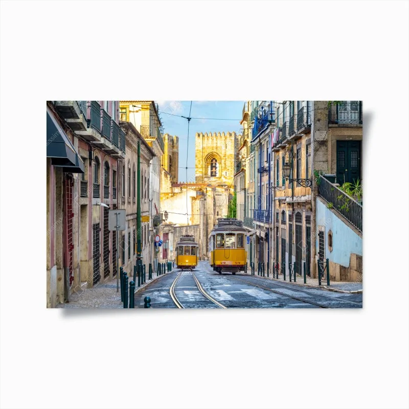 Poster tram gialli di Lisbona, scorcio urbano