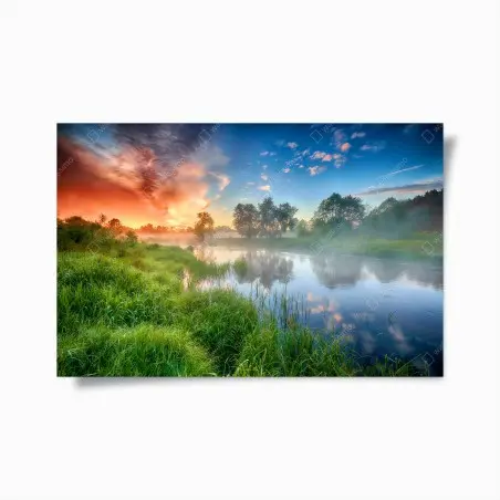 Poster alba estiva sul fiume nebbioso • Wallissimo®