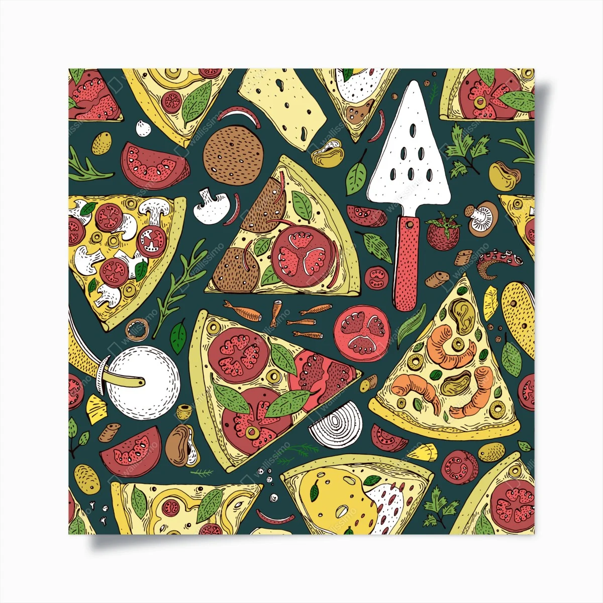 Poster motivo pizza illustrata colorata per pareti • Wallissimo® Poster motivo pizza illustrata colorata per pareti • Wallissimo®