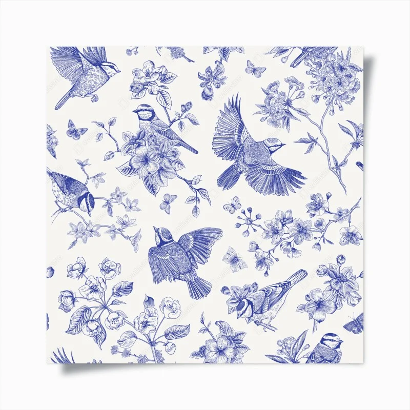 Poster motivo botanico con uccelli in inchiostro blu