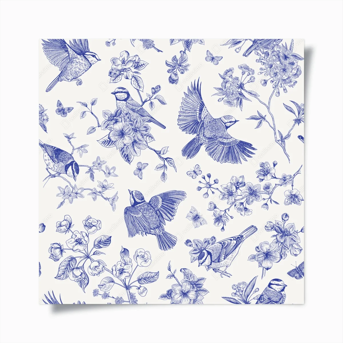Poster motivo botanico con uccelli in inchiostro blu • Wallissimo® Poster motivo botanico con uccelli in inchiostro blu • Wallissimo®