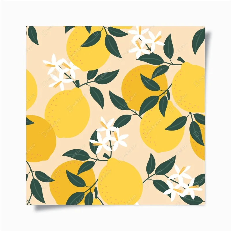 Poster motivo di limoni e fiori su sfondo beige