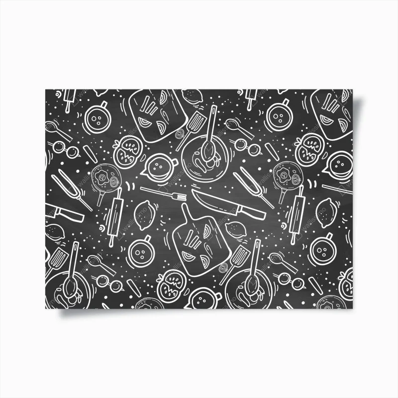 Poster motivo utensili da cucina su sfondo lavagna
