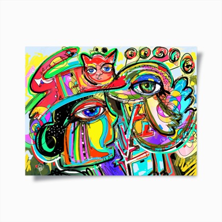 Poster ritratto astratto con gatto rosso e uccello • Wallissimo®