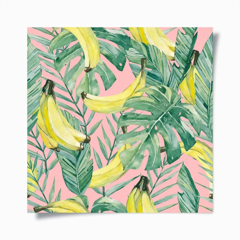 Poster motivo tropicale banane e foglie acquerello su sfondo rosa