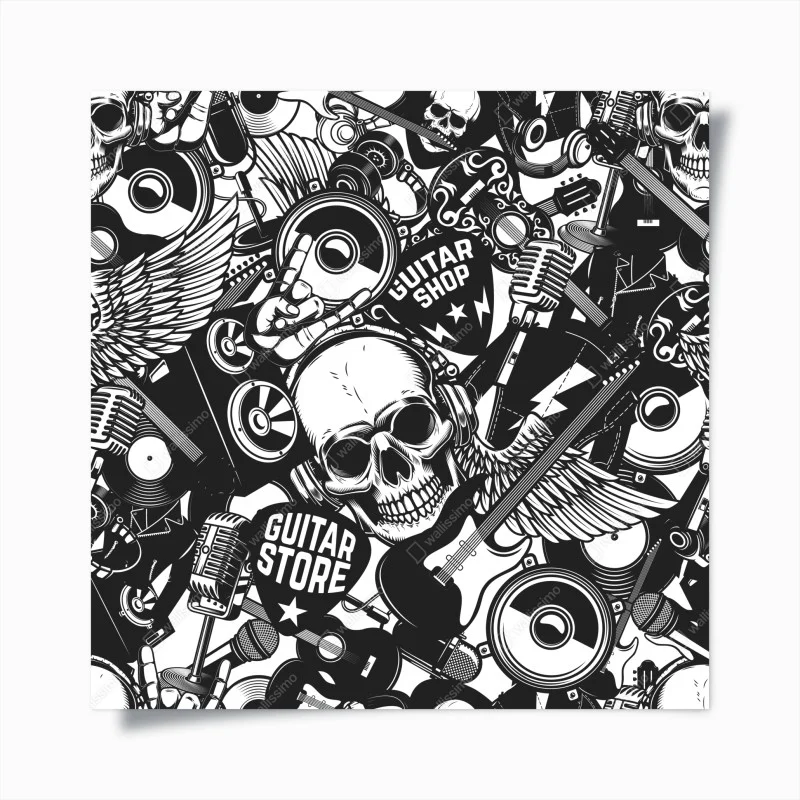 Poster motivo rock teschi e chitarre in bianco e nero