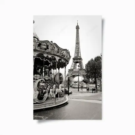 Poster magica vista di Parigi con la Torre Eiffel e giostra d'epoca • Wallissimo®