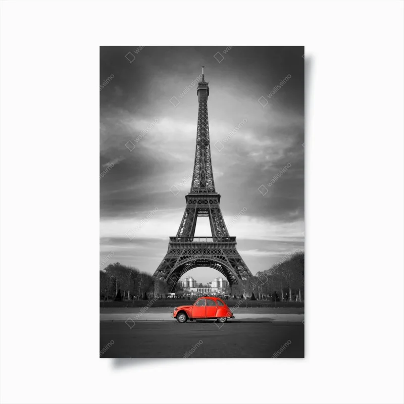 Poster paesaggio urbano monocromatico a Parigi con auto rossa e Torre Eiffel