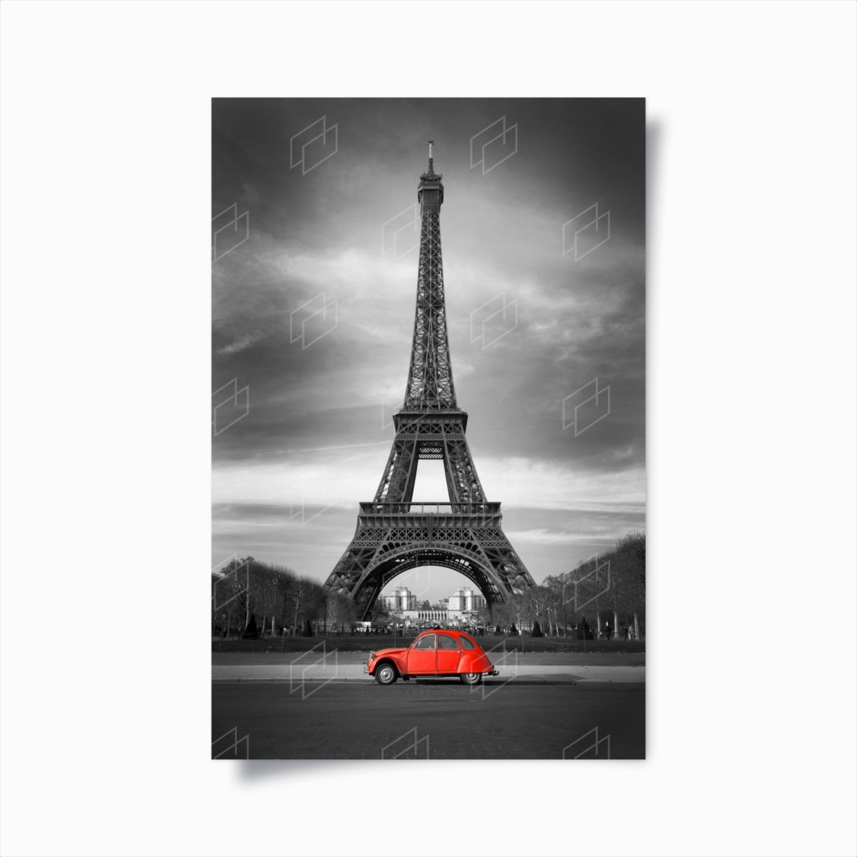 Poster paesaggio urbano monocromatico a Parigi con auto rossa e Torre Eiffel • Wallissimo®