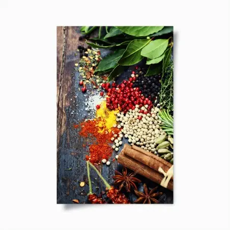 Poster composizione di spezie ed erbe aromatiche su legno rustico • Wallissimo®