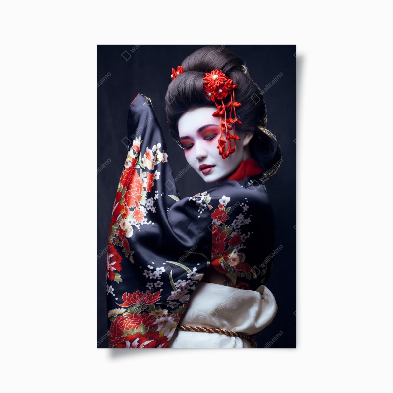 Poster eleganza di una geisha in kimono floreale