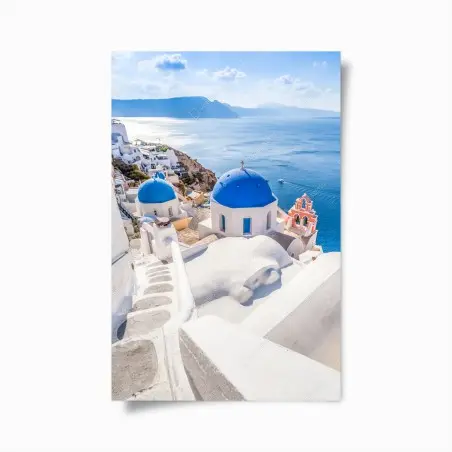 Poster panorama marino di Santorini con cupole blu • Wallissimo®