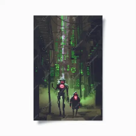 Poster vagabondi al neon nel vicolo cyberpunk • Wallissimo®