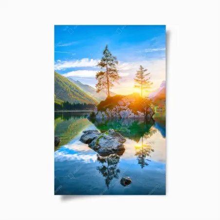 Poster tramonto autunnale sul lago Hintersee, isola rocciosa e riflessi alpini • Wallissimo®