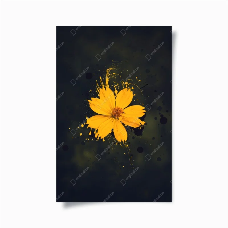 Poster fiore giallo su sfondo scuro in stile splash