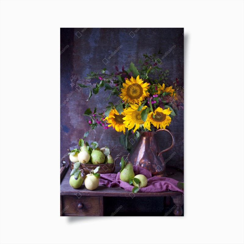 Poster girasoli e pere su tavolo rustico