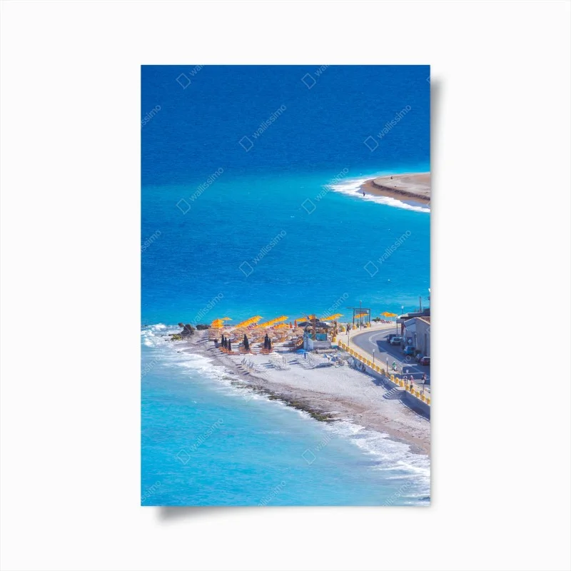 Poster spiaggia di Rodi con ombrelloni arancioni