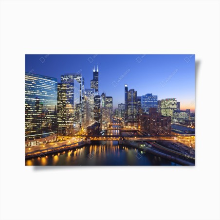 Poster skyline notturno di Chicago sul fiume • Wallissimo®