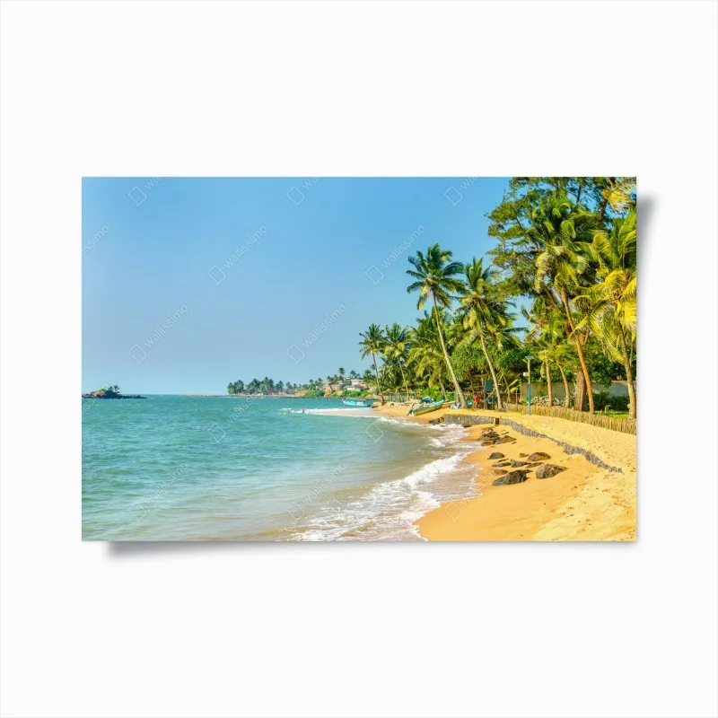 Poster spiaggia tropicale con palme e barche