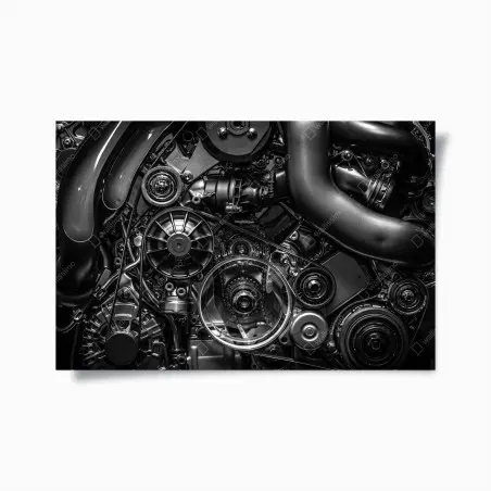 Poster dettaglio di motore industriale in bianco e nero • Wallissimo®