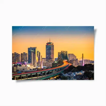 Poster tramonto urbano sulla skyline di Boston con i ponti Zakim e Tobin • Wallissimo®