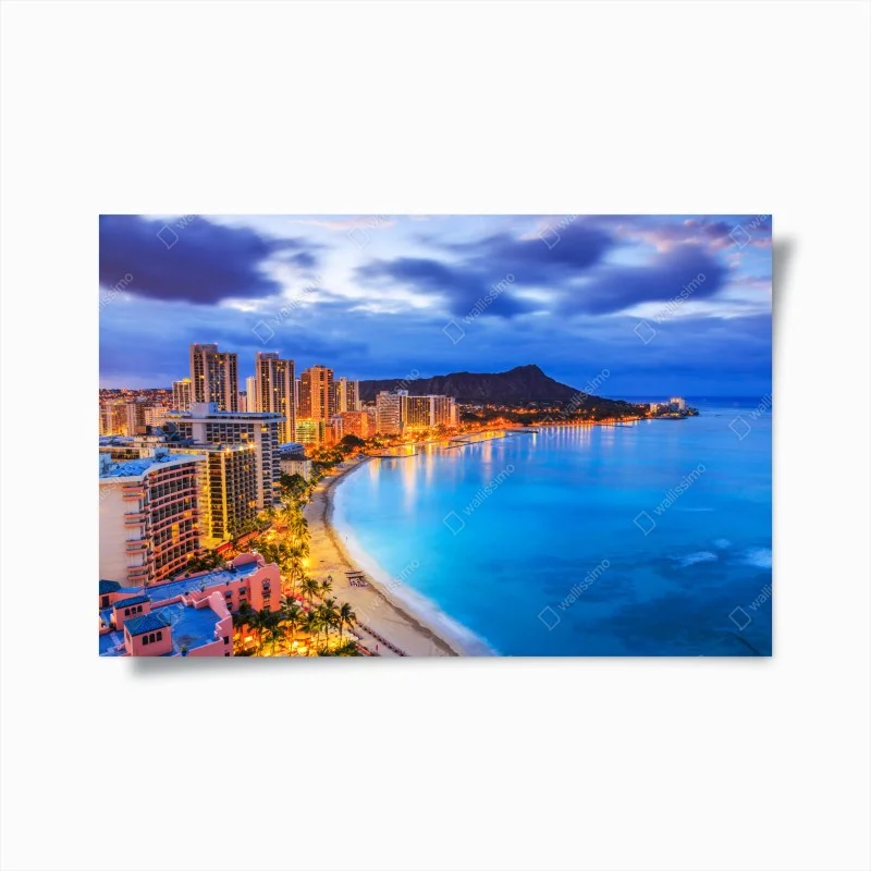 Poster skyline di Honolulu con Diamond Head al tramonto