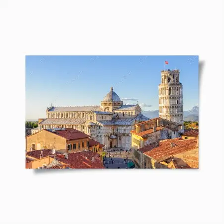 Poster vista iconica di Pisa: torre pendente e duomo al tramonto • Wallissimo®
