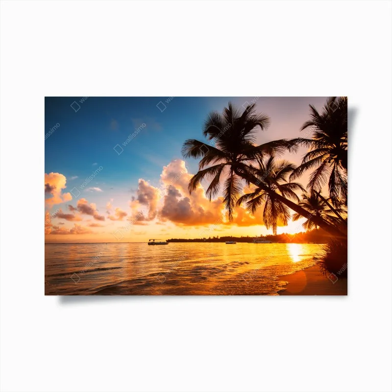 Poster tramonto tropicale con palme sulla spiaggia