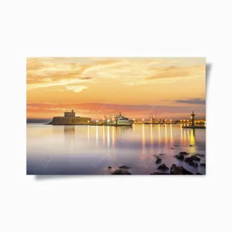 Poster tramonto sul porto di Mandraki e sulla fortezza Agios Nikolaos, Rodi • Wallissimo®