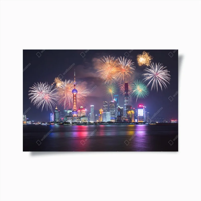 Poster notte di fuochi d'artificio sul fiume Huangpu a Shanghai