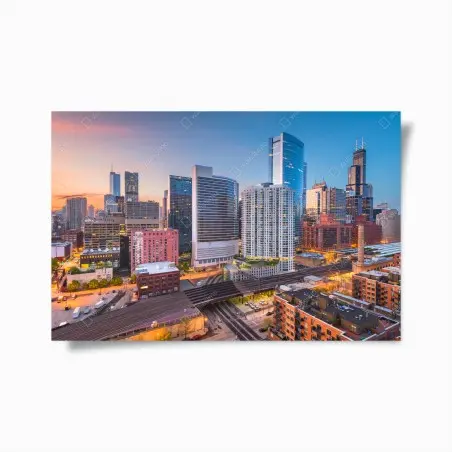 Poster tramonto su Chicago: skyline urbano moderno • Wallissimo®