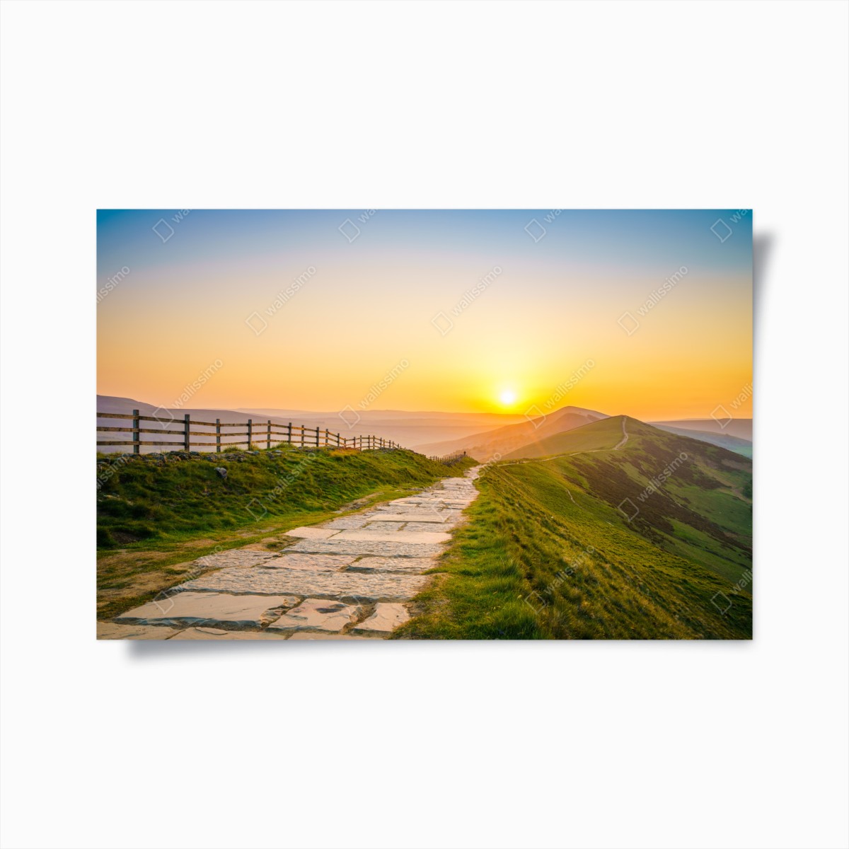 Poster sentiero dorato tra le colline al tramonto • Wallissimo®