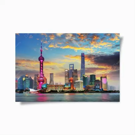 Poster vista notturna della skyline di Shanghai al tramonto • Wallissimo®