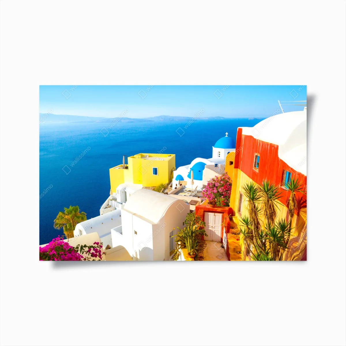 Poster scorcio di Santorini: case colorate sulla scogliera • Wallissimo® Poster scorcio di Santorini: case colorate sulla scogliera • Wallissimo®