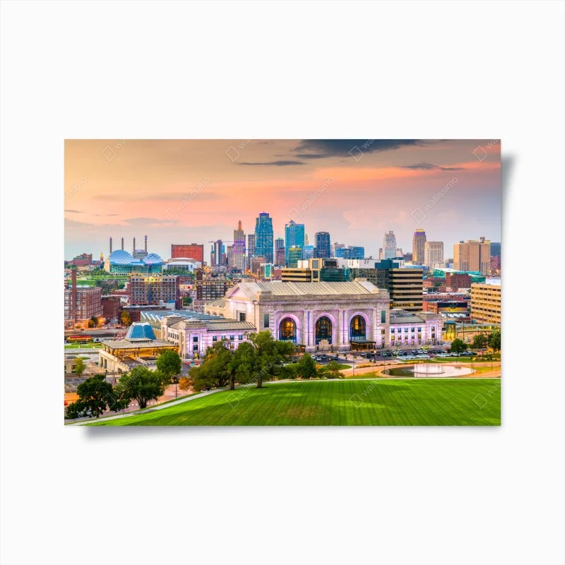 Poster panorama urbano di Kansas City con Union Station al crepuscolo
