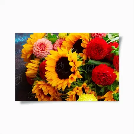 Poster esplosione di girasoli e dalie su sfondo vivace • Wallissimo®