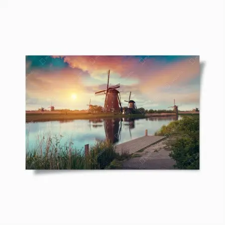 Poster mulini a vento al tramonto sul canale • Wallissimo®