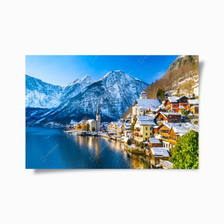 Poster villaggio alpino sul lago innevato • Wallissimo®