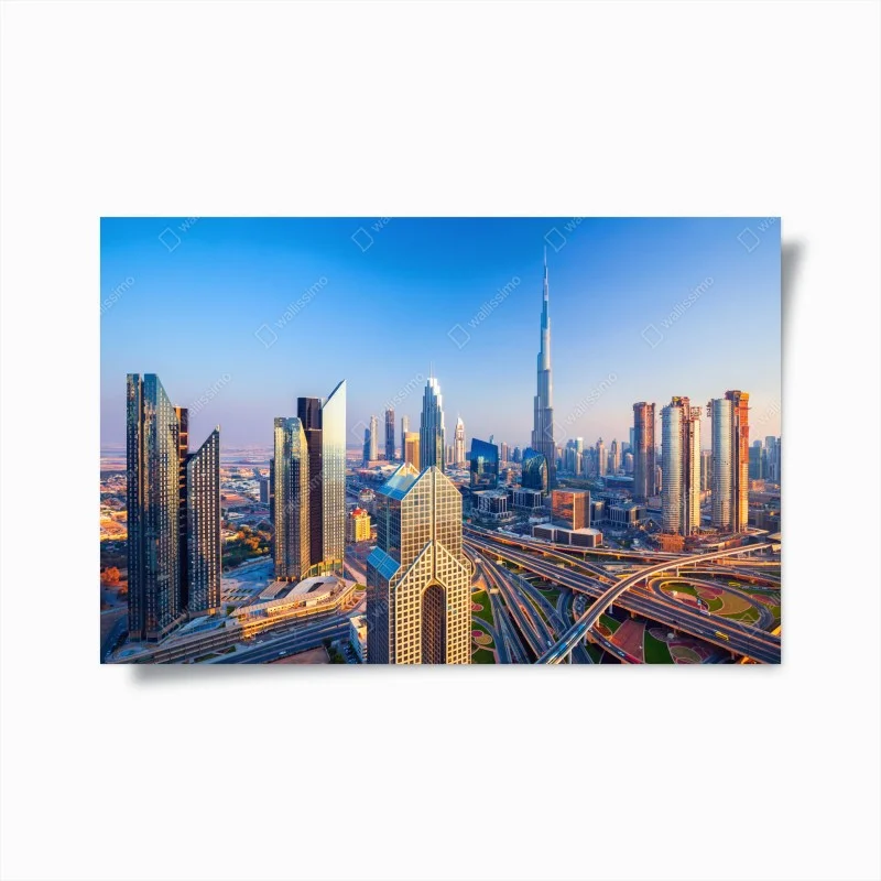 Poster panorama urbano di Dubai al tramonto