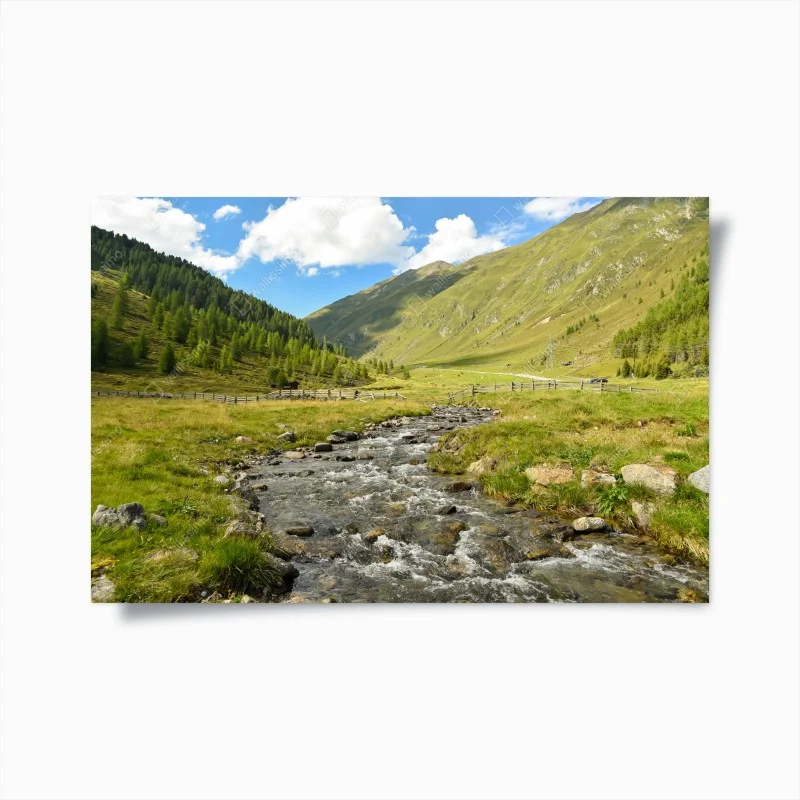 Poster panorama alpino con torrente e prati
