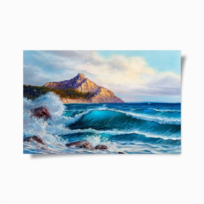 Poster onda turchese sulle scogliere al tramonto