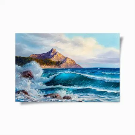 Poster onda turchese sulle scogliere al tramonto • Wallissimo®