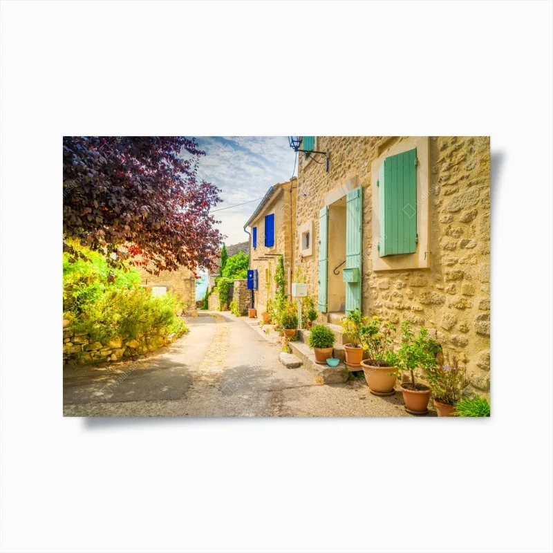 Poster vicolo soleggiato con case in pietra