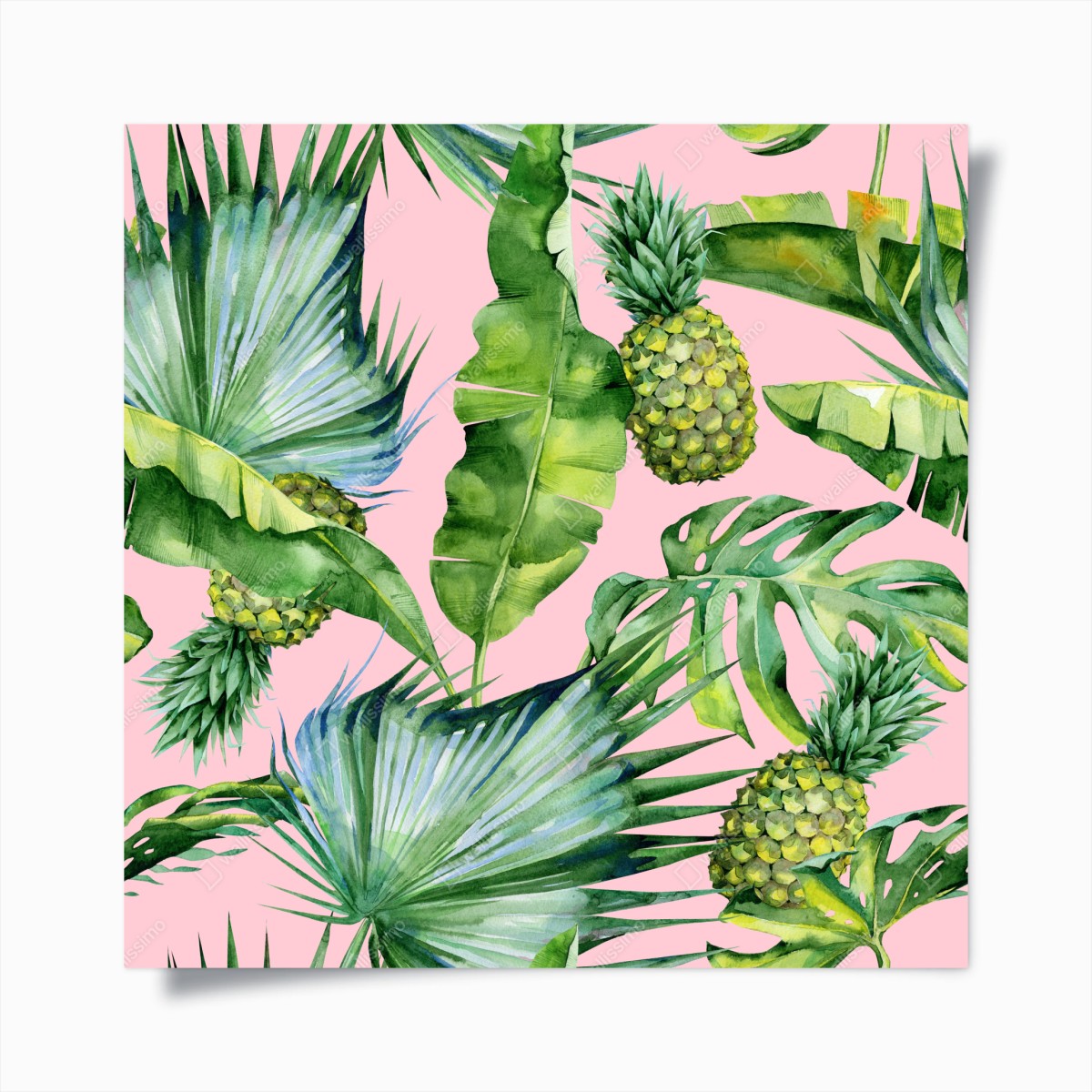 Poster motivo tropicale acquerello con ananas su sfondo rosa • Wallissimo®
