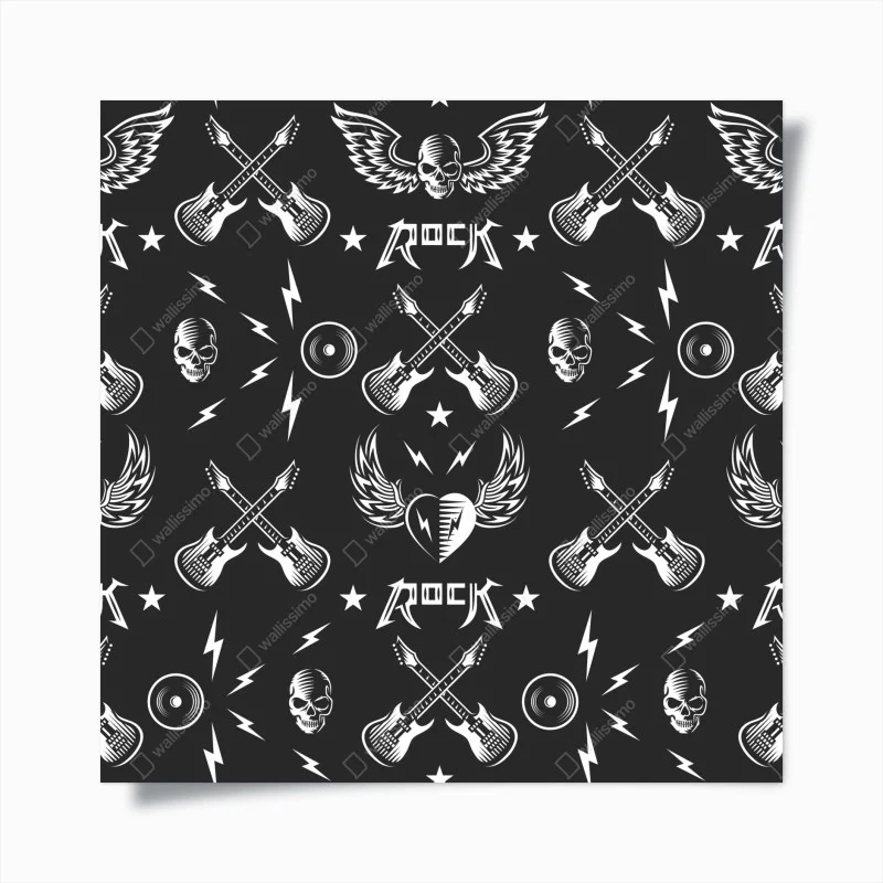 Poster motivo rock bianco e nero con chitarre e teschi