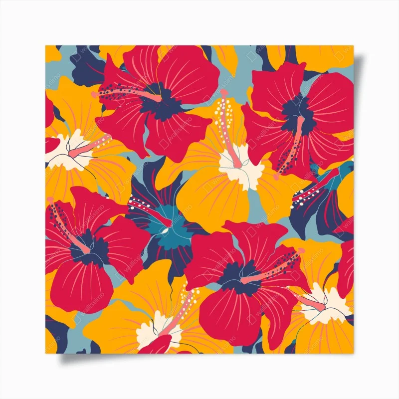 Poster motivo vintage tropicale di ibischi colorati