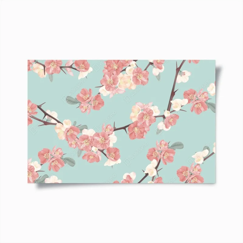 Poster motivo fiorito di ciliegio su sfondo turchese