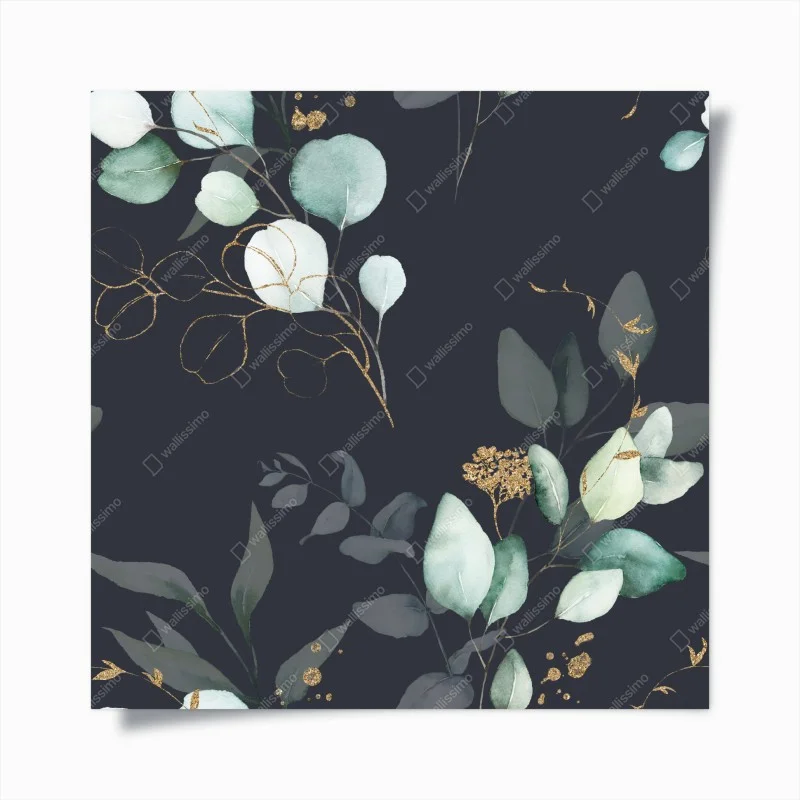 Poster rami di eucalipto con accenti dorati su fondo scuro