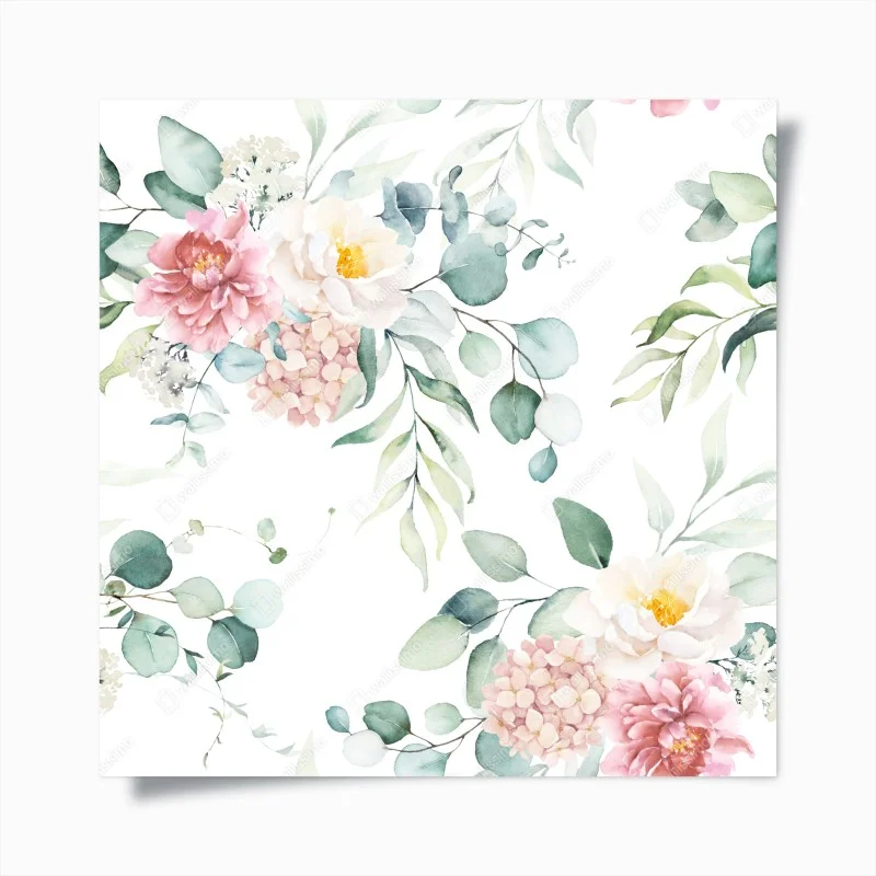 Poster motivo floreale acquerellato con peonie e foglie di eucalipto