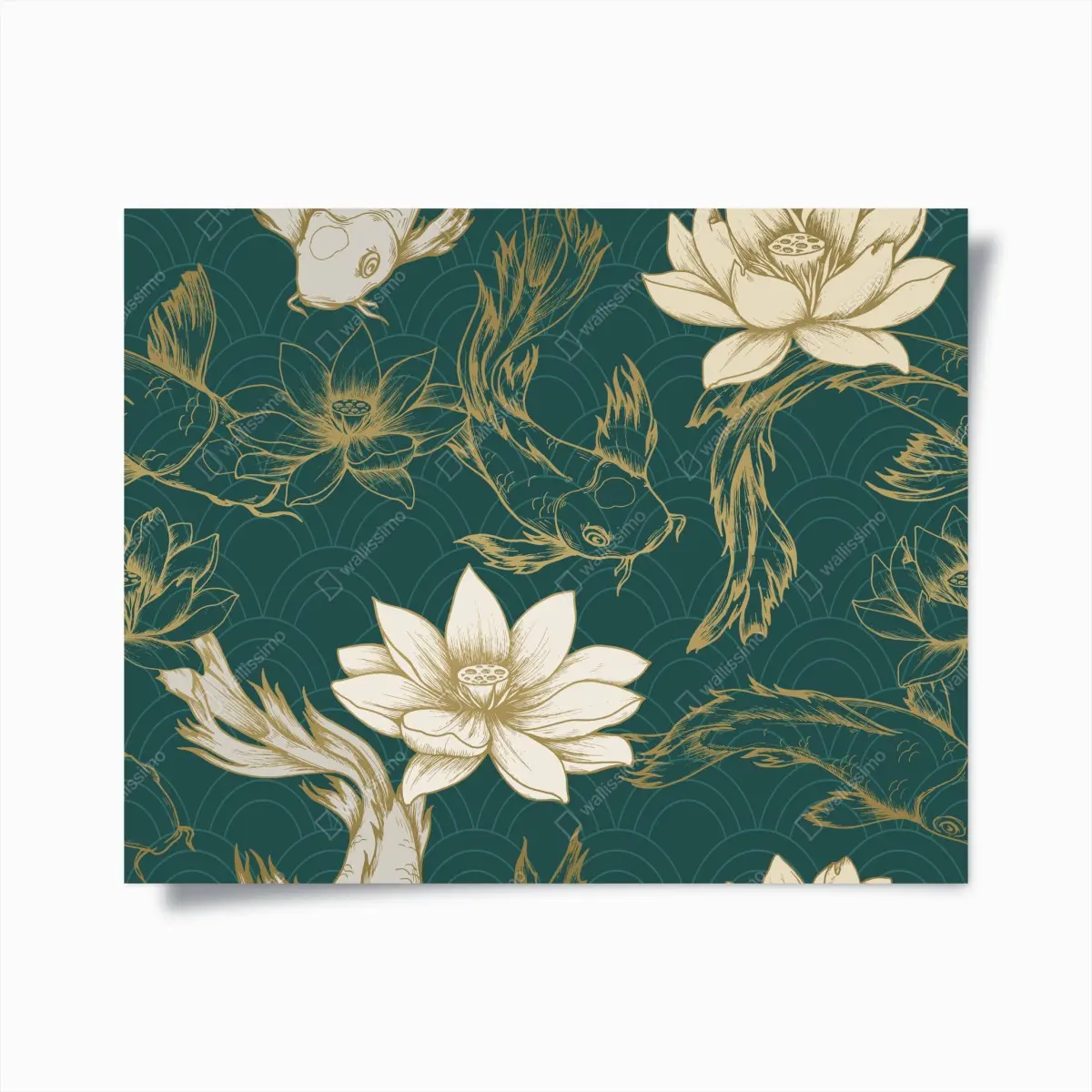 Poster motivo carpe koi e fiori di loto su sfondo verde petrolio • Wallissimo®
